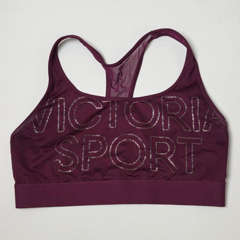 Victoria Secret Sport Racerback Sport Bra Womens L Maroon Glitter Logo Mesh Back